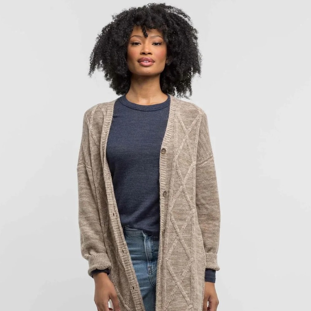 Alicia Adams Alpaca cable cardigan duster in blue 100% baby alpaca - Picture 9 of 10